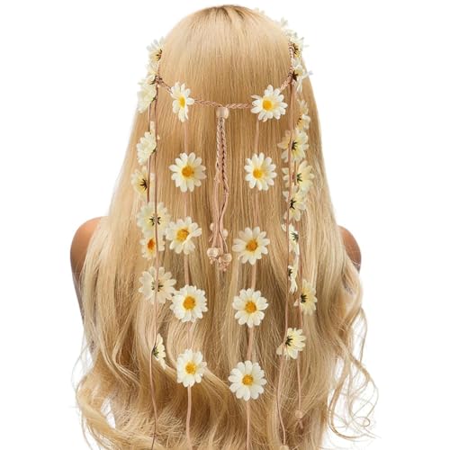 craspire 2 Stück Blumen-Stirnband, Blumenkrone, Boho-Sonnenblumen-Stirnbänder, Beiges Gänseblümchen-Kopfstück Mit Verstellbaren Perlen, Haarbänder, Quaste, Hochzeit, Party, Strand, Braut, Dekoratives von craspire