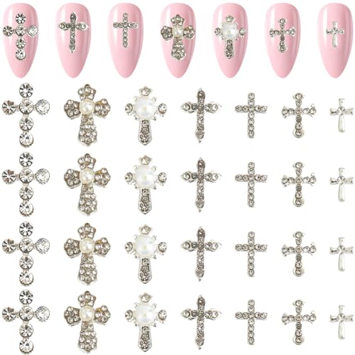 craspire 56 Stück 7 Stile Kreuz-Nagel-Charms 3D Y2K Metalllegierung Strass Flache Perle Luxus Nagel Edelsteine Set Gothic Vintage Punk Nieten Dekor Für Frauen Nagelkunst Basteln DIY von craspire