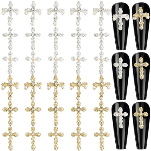 craspire 60 Stück 6 Stile Kreuz-Nagel-Charms 3D Y2K Metalllegierung Strass Perle Flache Nagel-Edelstein-Set Gothic Vintage Punk Nieten Dekor Für Frauen Nagelkunst DIY Schmuck Handy Basteln von craspire