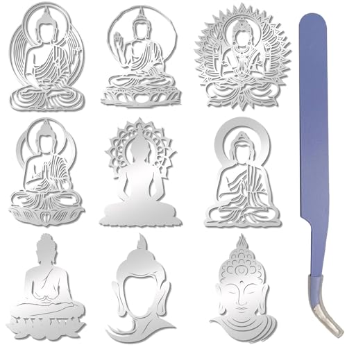 craspire 9 Stück 9 Stile Buddhismus Aufkleber Buddha Abziehbilder Silber Metall Wasserdicht Selbstklebend Spirituell Geprägter Aufkleber Mit Pinzette Für DIY Scrapbooks Harz Handwerk Telefon Party von craspire