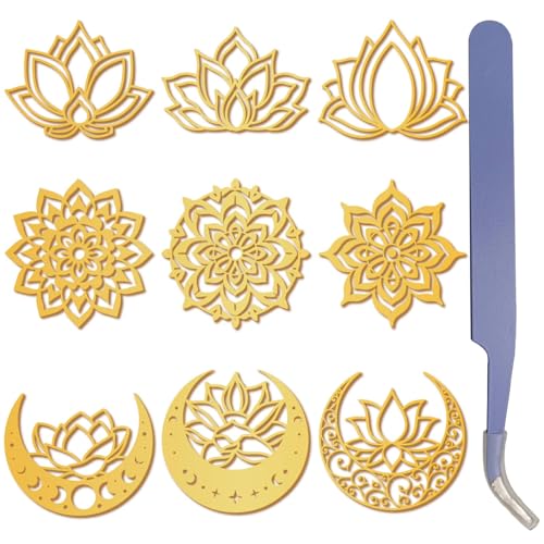 craspire 9 Stück Lotus Mandala Aufkleber Aus Goldenem Metall 1,5 x 1,5 Zoll Mit Pinzette Mondphasenblume Boho Stil Wasserfest Selbstklebend Nickel Dekorationsaufkleber Für Sammelalben DIY von craspire