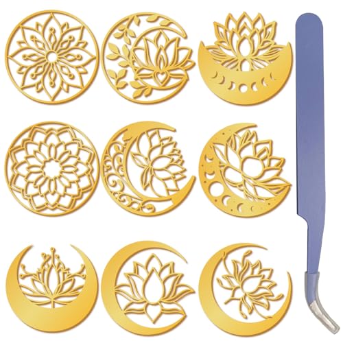 craspire 9 Stück Mondphasen Boho Metallaufkleber In Gold 1,5 x 1,5 Zoll Mit Pinzette Lotus Mandala Wasserfest Selbstklebend Nickel Dekorationsaufkleber Für Sammelalben DIY Harzbasteleien Herstellung von craspire