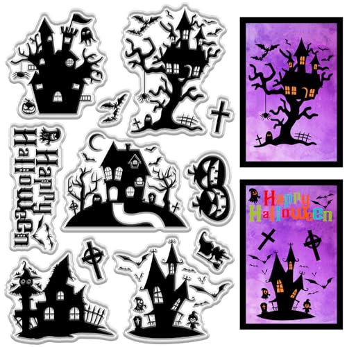 craspire Geisterhaus Stempel „Happy Halloween“ Transparenter Stempel Spukschloss Baum Fledermäuse Spinne Kreuz Geist Kürbis Hexe Wiederverwendbare Siegelstempel Für Tagebuch Karte Foto Scrapbooking von craspire