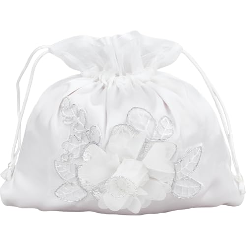 craspire Hochzeitstaschen Brauttasche Weiß Floral Brautjungfern Satin Verzierte Tasche Geldbeutel Handtasche Satintaschen Satin Dolly Bag Hochzeitsdekoration Kordelzug Aufbewahrungstaschen von craspire