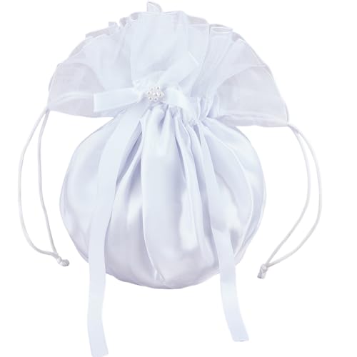 craspire Schleife Hochzeitstaschen Brauttasche Weiß Floral Brautjungfern Satin Verzierte Tasche Geldbeutel Handtasche Satintaschen Satin Dolly Bag Kordelzug Aufbewahrungstaschen Hochzeitsdekoration von craspire