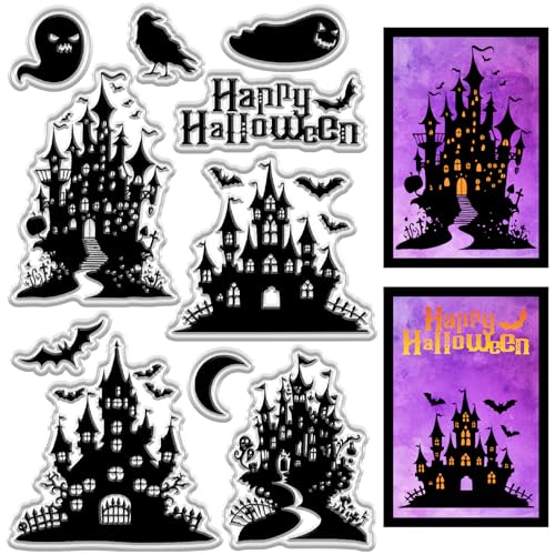 craspire Transparente Stempel „Happy Halloween“ Wiederverwendbar Retro Schloss Geist Fledermaus Mond Hintergrund Poststempel Transparentes Silikon Stempelsiegel Für Tagebuch Basteln Scrapbooking von craspire