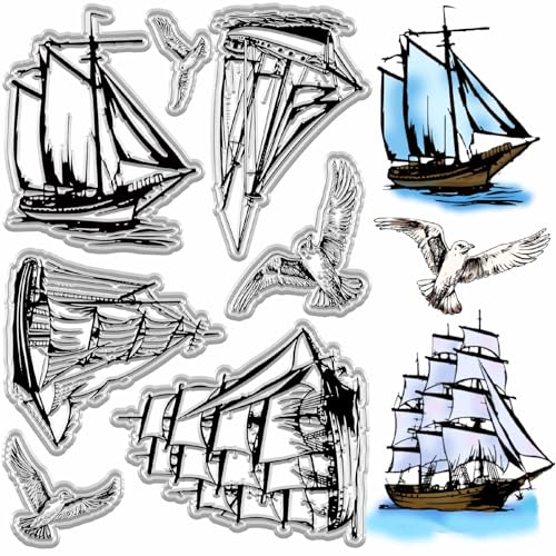 craspire Transparente Stempel Boot Möwe Segelboot Schiff Silikonstempel Wiederverwendbar Retro Meereshintergrund Poststempel Transparentes Gummistempelsiegel Für Tagebuch Basteln Scrapbooking von craspire