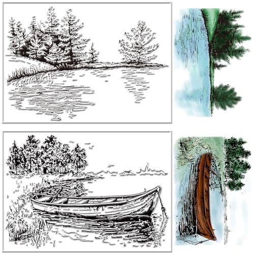 craspire Transparenter Stempel Mit Flussszene Wald Baum Boot See Pflanze Naturlandschaft Landschaftshintergrund Silikonstempel Siegel Für Die Kartenherstellung Journaling Dekoratives Scrapbooking von craspire