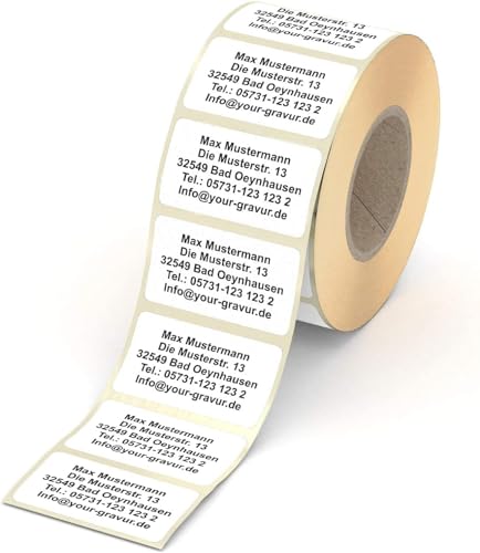 500 Adressetiketten personalisiert – weiße Namensaufkleber in 57x32mm – schwarzer Druck auf Haftpapier – von Creativgravur von creativgravur