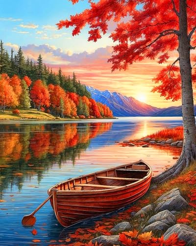 croshom Malen Nach Zahlen Erwachsene Herbst Landschaft,Bastelset Erwachsene Gemälde Boot,DIY Landschaft Set Handgemalt Ölgemälde für Anfänger und Erwachsene für Wand Dekorieren 40x50cm von croshom