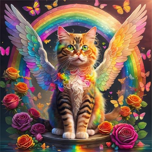 croshom katze Diamond Painting Bilder Set, 5D Winged Cat Diamond Painting Erwachsene,Blumen Full Round Diamond Embroidery Painting für für Home Décor 35x35cm von croshom