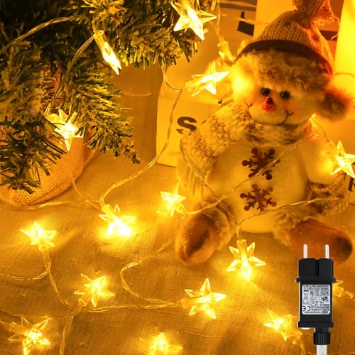 cshare Lichterkette Sterne Außen, 15M 100LED Fünfzackiger Stern Lichterketten mit Stecker 8 Modi Timer IP65 Wasserdicht Lichterkette für Weihnachten Garten Innen Außen Dekorationen,Warmweiß von cshare