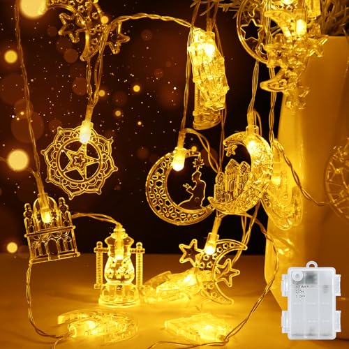 cshare Ramadan Eid Dekorationen 3M 20LEDs Lichterkette, Mubarak Islam Batteriebetrieben Stern Mond Lichterketten mit Timer IP65 Wasserdicht, für Ramadan Eid Party Home Garten Innen Außen-Kunststoff von cshare