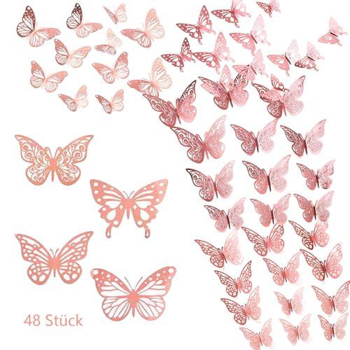 3D Schmetterling Dekorationen, 48 Stück 3D Schmetterling Wandaufkleber, Rosa Schmetterlinge Deko Für Wohnzimmer Kinderzimmer Weihnachten Hochzeit Party Wanddeko Tischdeko von cuhostki