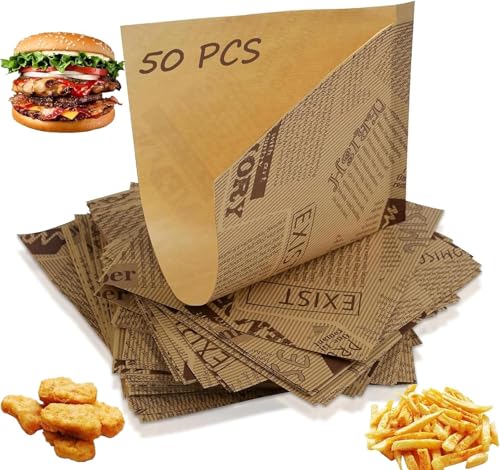 50 Blatt Burger Tüten (18 X 18 cm) Snacktaschen, Fettdichte Sandwich Papier mit Druck, Antihaftbeschichtete Burger Papiertüten für Pommes, Burgern, Sandwiches, Snack (Große Dreieckige öffnung) von cuhostki