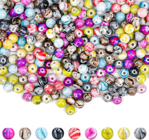 500 Stück Acryl Perlen, 8mm Mehrfarbig Bastelperlen zum Auffädeln mit Kristallkabel, Runde Lose Beads Bunte Tintenmuster Schmuckperlen für Armbänder, Halsketten, Kleidung Schmuckherstellung von cuhostki