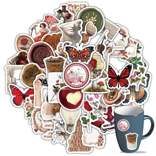 60 Stück Vintage Aufkleber Aesthetic Sticker für Erwachsene Sticker Retro Sticker Set Aesthetic ästhetische Aufkleber für Wasserflasche Scrapbooking Zubehör für DIY Papierhandwerk von cuhostki