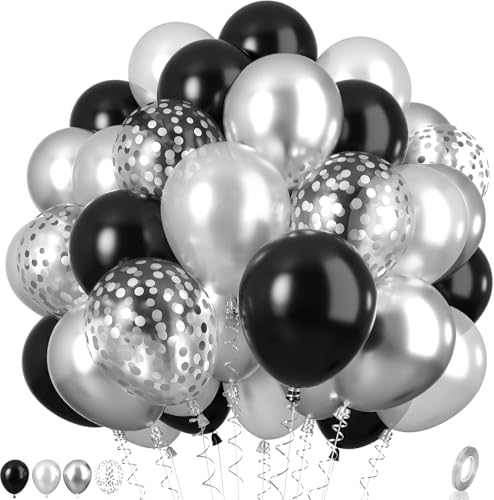 Luftballons Schwarz Silber Ballons, Metallic Silber Schwarz Partyballons, Perle Silber Konfettiballons, Schwarz Latexballons für Kinder Erwachsene Geburtstag Hochzeit Babyparty Abschlussfeier von cuhostki