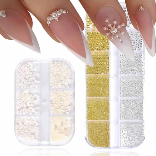 Nailart Perlen, 2 Schachtel Nail Art Strasssteine, Selbstklebend Nagel Strassstein, Perle Und Stahlkugel Set, 1.5-3 5mm Mini Strasssteine, Für Nagelkunst, Kleidung, Handwerk Charms von cuhostki