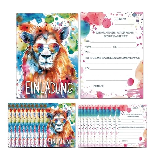 cuhostki Einladungskarten Kindergeburtstag Junge, Aquarell Löwe 14 Stück Stylishe Einladungskarten Geburtstag für Mädchen Einladungskarten Kindergeburtstag, Einladung Kindergeburtstag von cuhostki