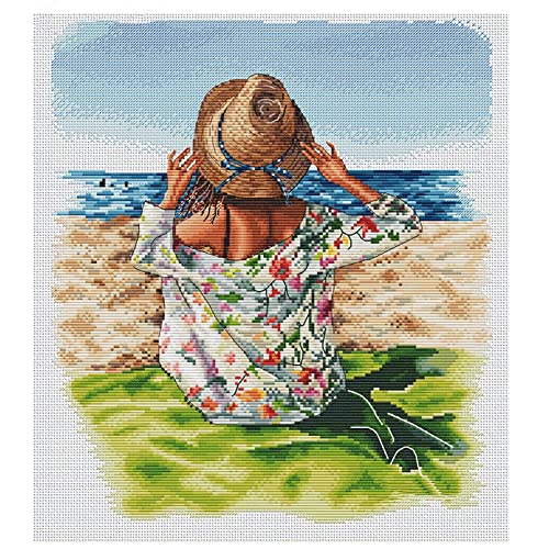 cukol cukol Kreuzstich Set Vorgedruckt Erwachsene Mädchen am Meer, Stickvorlagen Stickbild Stickbilder Stickpackungen Stickpackung Stickset Sticken Set für Anfänger, Cross Stitch Kit Stickerei Bilder von cukol cukol