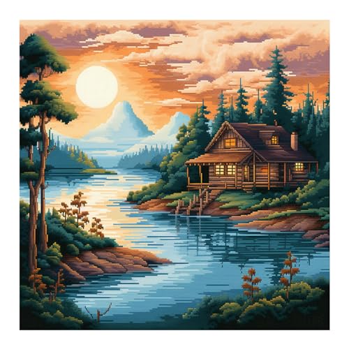 Cukol Kreuzstich Set Vorgedruckt Seenlandschaft, Stickvorlagen Stickbilder Vorgedruckt Kreuzstich Stickpackungen Stickpackung Cross Stitch Embroidery Kit Stickset Sticken Set Erwachsene Anfänger 40x40 von cukol cukol