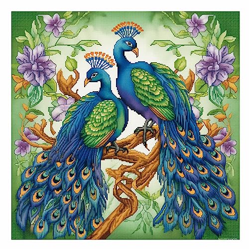 Cukol Pfau Kreuzstich Set Vorgedruckt, Tiere Stickvorlagen Stickbilder Vorgedruckt Kreuzstich Stickpackungen Stickpackung Cross Stitch Embroidery Kit Stickset Sticken Set Erwachsene Anfänger 46x46 cm von cukol cukol