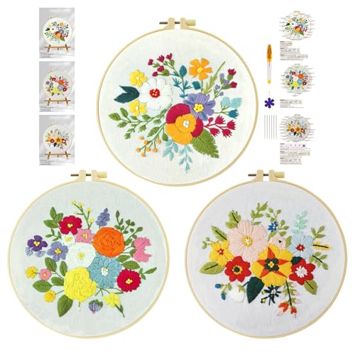 cukol cukol 3pcs Blume Stickset Sticken Set für Erwachsene Anfänger Embroidery Kit Stickerei, Stickvorlagen Kreuzstich Vorgedruckt Stickbilder Stickbild Stickpackung Stickvorlage Stickpackungen Bilder von cukol cukol