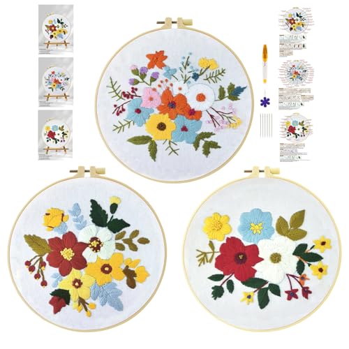 cukol cukol 3pcs Blume Stickset Sticken Set für Erwachsene Anfänger Embroidery Kit Stickerei, Stickvorlagen Kreuzstich Vorgedruckt Stickbilder Stickbild Stickpackung Stickvorlage Stickpackungen Bilder von cukol cukol