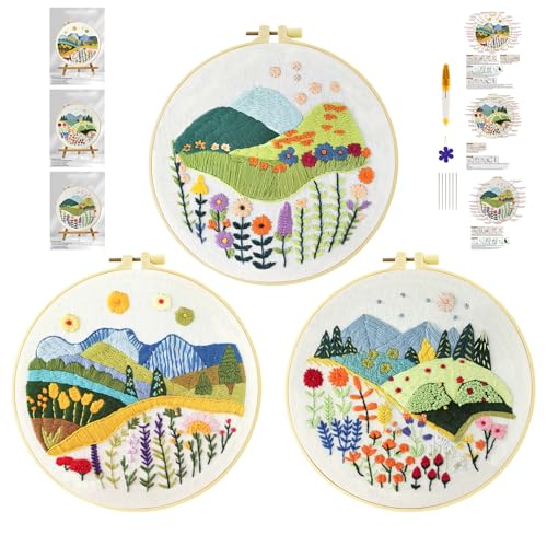 cukol cukol 3pcs Blumen Gras Stickset Sticken Set für Erwachsene Anfänger Embroidery Kit Stickerei Stick Set Stickvorlagen Kreuzstich Vorgedruckt Stickbilder Stickbild Stickpackung Stickvorlage von cukol cukol