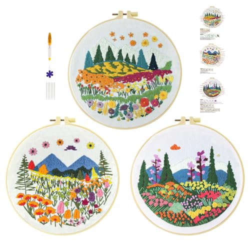 cukol cukol 3pcs Blumen Gras Stickset Sticken Set für Erwachsene Anfänger Embroidery Kit Stickerei Stick Set Stickvorlagen Kreuzstich Vorgedruckt Stickbilder Stickbild Stickpackung Stickvorlage von cukol cukol