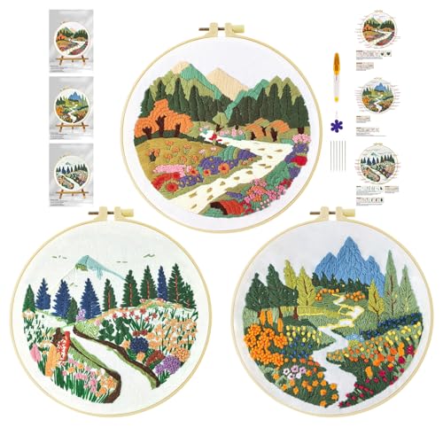 cukol cukol 3pcs Blumen Landschaft Stickset Sticken Set für Erwachsene Anfänger Embroidery Kit Stickerei Stick Set Stickvorlagen Kreuzstich Vorgedruckt Stickbilder Stickbild Stickpackung Stickvorlage von cukol cukol