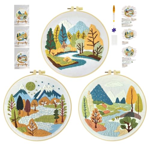 cukol cukol 3pcs Fluss Stickset Sticken Set für Erwachsene Anfänger Embroidery Kit Stickerei, Stickvorlagen Kreuzstich Vorgedruckt Stickbilder Stickbild Stickpackung Stickvorlage Stickpackungen Bilder von cukol cukol