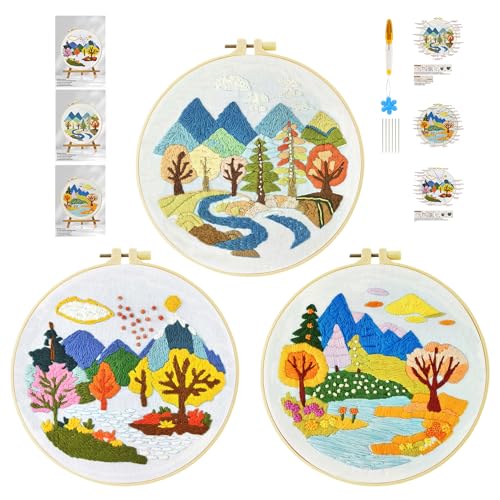 cukol cukol 3pcs Flusslandschaft Stickset Sticken Set für Erwachsene Anfänger Embroidery Kit Stickerei Stick Set Stickvorlagen Kreuzstich Vorgedruckt Stickbilder Stickbild Stickpackung Stickvorlage von cukol cukol