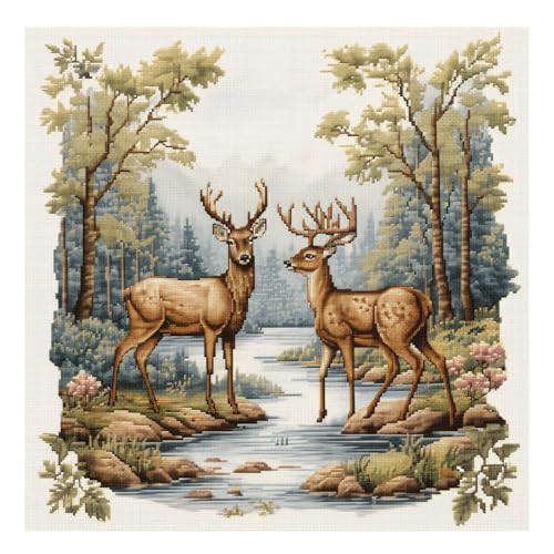 cukol cukol Kreuzstich Set Vorgedruckt Hirsch, Stickvorlagen Stickbilder Vorgedruckt Kreuzstich Stickpackungen Stickpackung Tier Cross Stitch Embroidery Kit Stickset Sticken Set Erwachsene Anfänger von cukol cukol