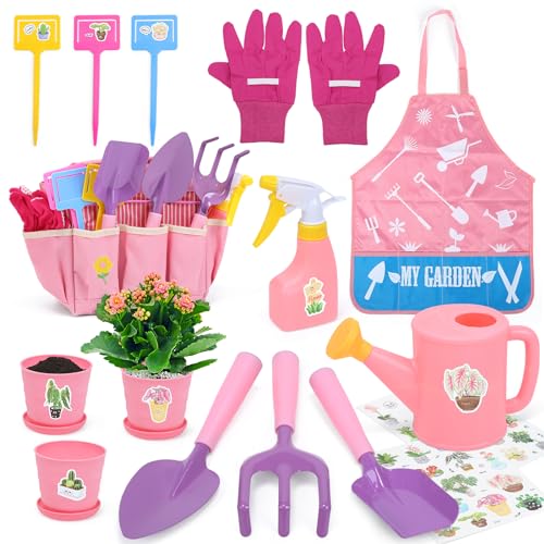 cute stone Kinder Gartengeräte Set, Gartenwerkzeug Kinder Mit Schaufel, Harke, Gießkanne, Gartentasche, Handschuhe, Schürze, DIY-Aufkleber, Out/Indoor Spielzeug Geschenk für Jungen Mädchen(Rose) von cute stone