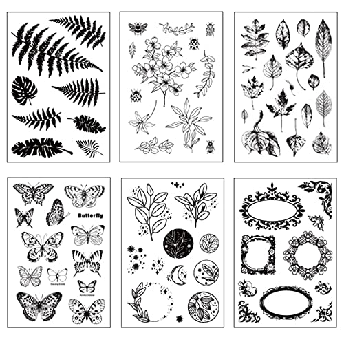 Cutefly 6 Blätter Silikonstempel, klar Silikonstempel Set Vintage Pflanzen Blumen Schmetterling Silikonstempel Clearstamp Set für DIY Bullet Journal Scrapbooking Fotoalbum Kartenherstellung von cutefly