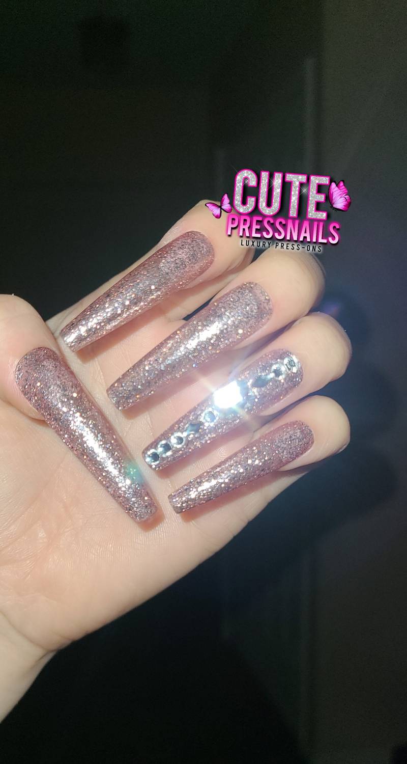 Rose Gold Nägel | Chachampagnerfarbe Bling Glitzer Xxl Press On Nails Luxus Kawaii Braut Glitzer von cutepressnails