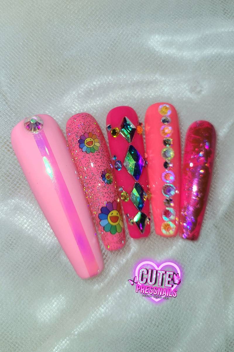 xxl Coffin Pink Bling Luxus Auf Nägel Drücken | Press On Nails Kawaii Braut Kawaii von cutepressnails