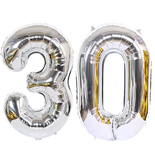 D2D | Party Balloon Zahl 30 XL in Silber - Größe: 80 cm - Geburtstagdeko - Folienballons - Zahlenballons - Perlenhochzeit - Helium Ballons von d2d-needs