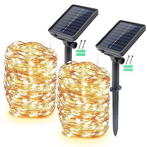 Solar Lichterkette Außen, 2 x 17M 150 LED Außen Lichterkette Kupferdraht Solarlichterkette Warmweiß Wasserdicht 8 Modi Weihnachtenlichterkette für Garten, Balkon, Hochzeit, Terrasse, Party Deko von da LIGHT