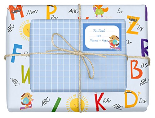 4x Geschenkpapier Einschulung für Jungen/Kinder (doppelseitig, blau) + 4 Aufkleber/Schulheft-Etiketten (Schulanfang, Schule, Schulkind) | (Einzelbögen 42x59cm, DIN A2) von dabelino