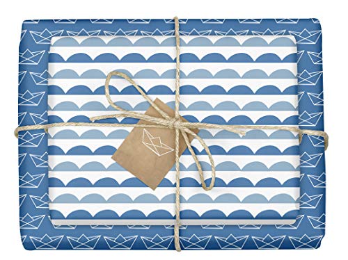 dabelino® 4x Geschenkpapier "Papierboote" zur Geburt, Taufe, Kommunion, Konfirmation: 4x Einzelbögen + 4x Geschenkanhänger (für Baby Jungen) von dabelino