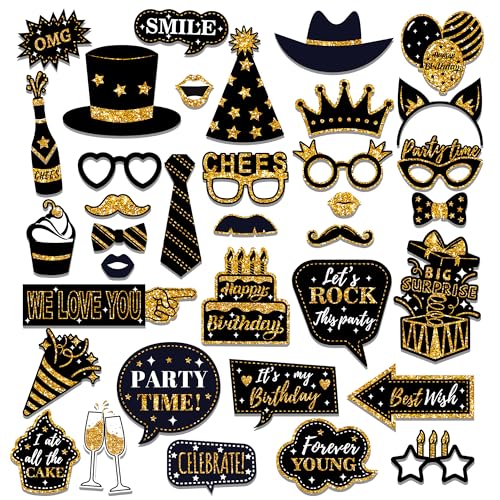 36 Stück Happy Birthday Photo Booth Requisiten mit Stick, Glitzer Gold Party Dekorationen DIY Forever Young Cheers Thema Kinder Geburtstag Party Favor für Jungen Mädchen Selfie Cosplay Party von damproc outgwin