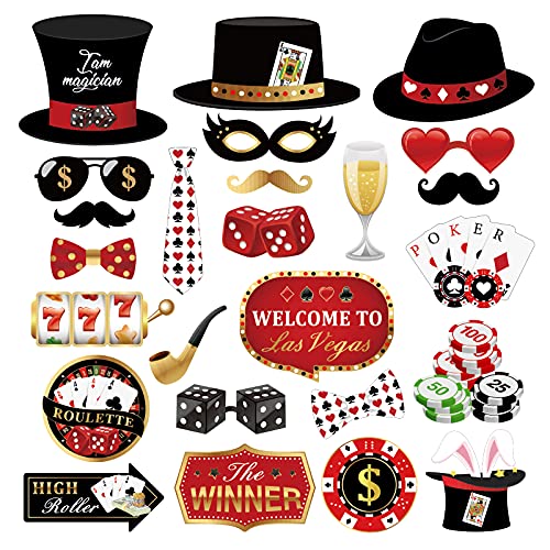 damproc outgwin 25 Stück Casino-Fotoautomaten-Requisiten mit Stab Las Vegas Casino-Muster Party-Dekorationen DIY-Pokerkarten Thema Kindergeburtstag Gastgeschenk für Jungen und Mädchen Selfie Cosplay von damproc outgwin