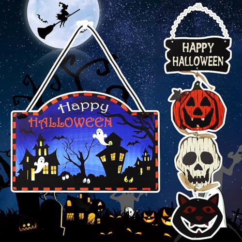 dcas 2 Stück Halloween Holz Hängende Schild, Happy Halloween Tür Wandbehang Schild, Halloween Hängend Türschild Wanddekor, Halloween Holz Hängeschild Outdoor Dekorationen (2 Stile) von dcas