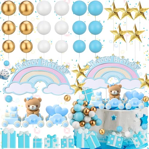 dcas 32 Stücke Blau Teddybär Kuchen Dekoration Set, Blau Zug Teddybär Kuchen Dekoration, Kuchen Dekoration Bär Babydusche, Teddybär Taufe Tortendeko Junge Mädchen von dcas