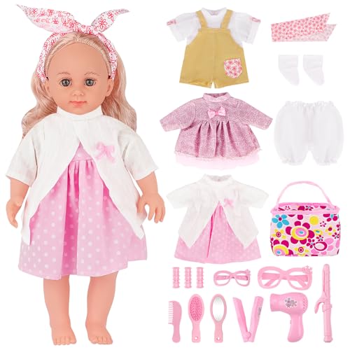 deAO Babypuppen-Spielset, Kleid Spiel Set für 36cm Puppe mit 3 Outfits 1 Tote und Puppenzubehör zum Kämmen und Frisieren, Puppe mit Langen Haaren Tolles Rollenspiel-Spielzeug für Kinder von deAO