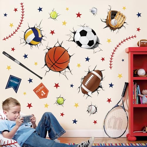 decalmile Wandtattoo 3D Fußball Durchbruch Junge Wandaufkleber Sport Bälle Basketball Wandsticker Kinderzimmer Babyzimmer Spielzimmer Wanddeko von decalmile