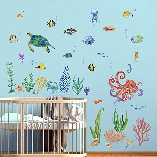 decalmile Wandtattoo Aquarelle Unter dem Meer Wandaufkleber Fische Schildkröte Ozean Wandsticker Babyzimmer Kinderzimme Badezimmer Wanddeko von decalmile